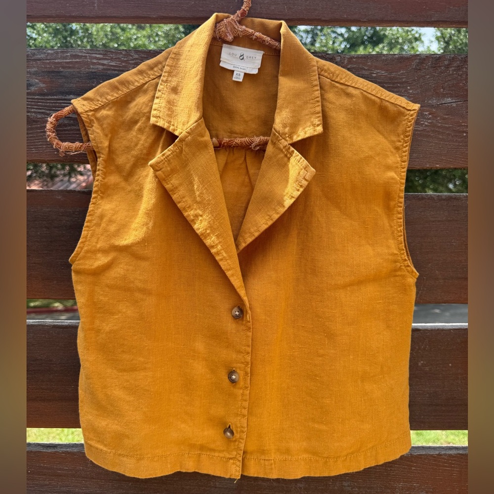Lou & Grey Golden Yellow Linen Button up Sleeveless Blouse Size XS